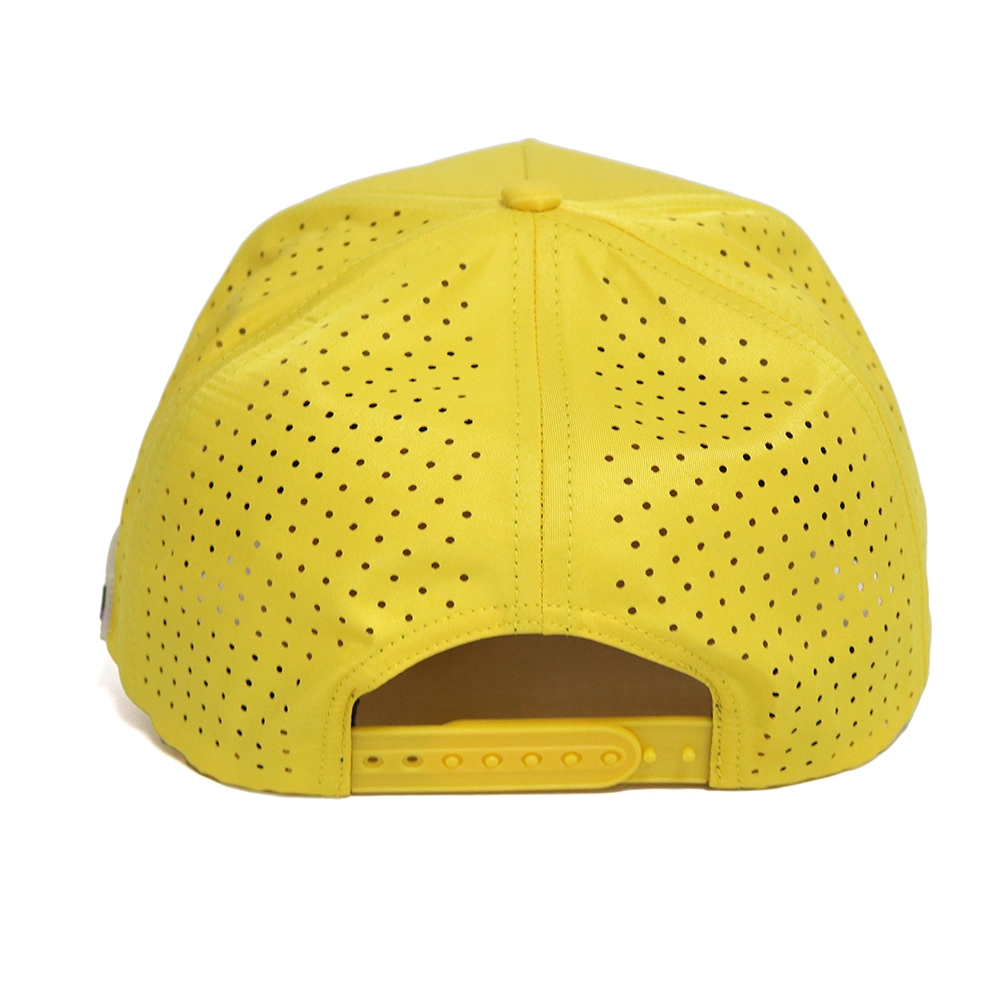 BSCI Custom Patch Logo High Quality 5 Panel Yellow Rope Baseball Hat, Waterproof Sport Baseball Cap, Laser Cut Hole Perforated Hat