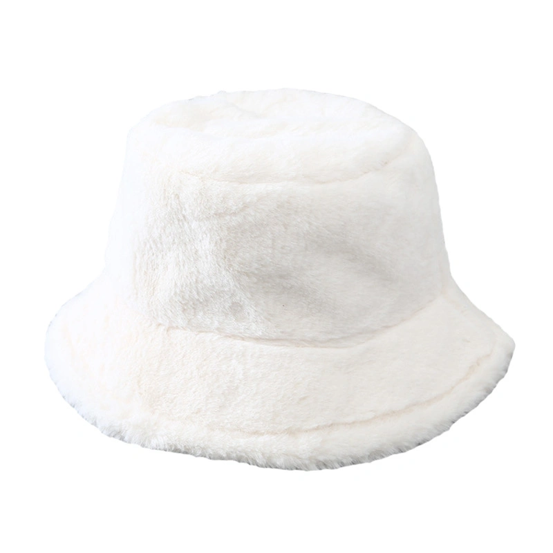 Ladies Gorras Unicolor Logo Branded White Cap Femme Western Winter Warm Fluffy Faux Rabbit Fur Bucket Hats