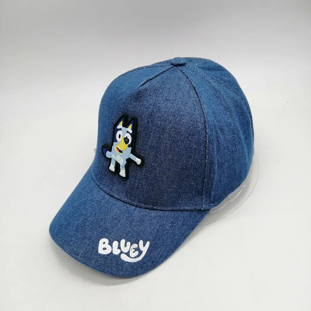 Kids Baseball Cap with Rubber Patch Printing Denim 5 Panel Sports Children Cap Hat