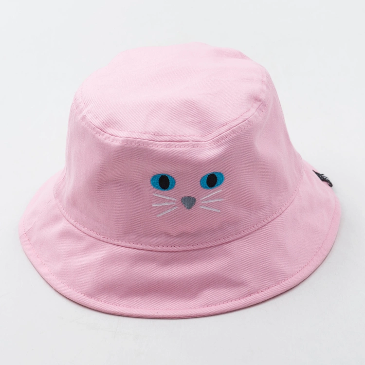 Custom Foldable Summer UV Protection Cartoon Bucket Reversible Cat Embroidery Plain Hat for Children