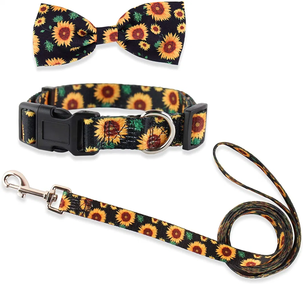 2-Sunflower in Black Bow Tie Dog Collar and Leash Set,Adjustable Cute Plaid Soft Dog Bowtie Collar Bandana and Leash, Dog Accessories for Small Medium Dogs Cats