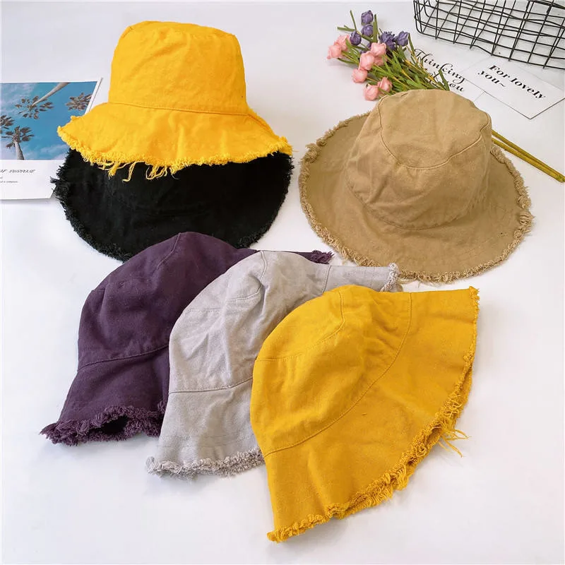 Wholesale Summer Washed 100% Cotton Hats Solid Color Blank Frayed Wide Brim Fringed Floppy Fisherman Bucket Hat