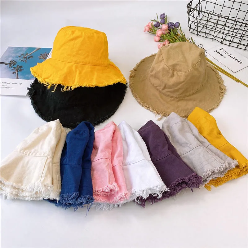 Wholesale Summer Washed 100% Cotton Hats Solid Color Blank Frayed Wide Brim Fringed Floppy Fisherman Bucket Hat