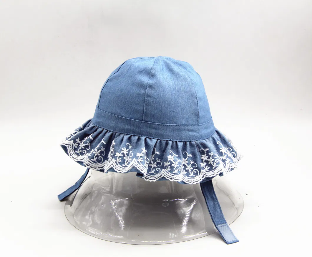 Jeans/Denim Fabric Girls Bucket Hat, with Lace Brim, 6 Panels Crown
