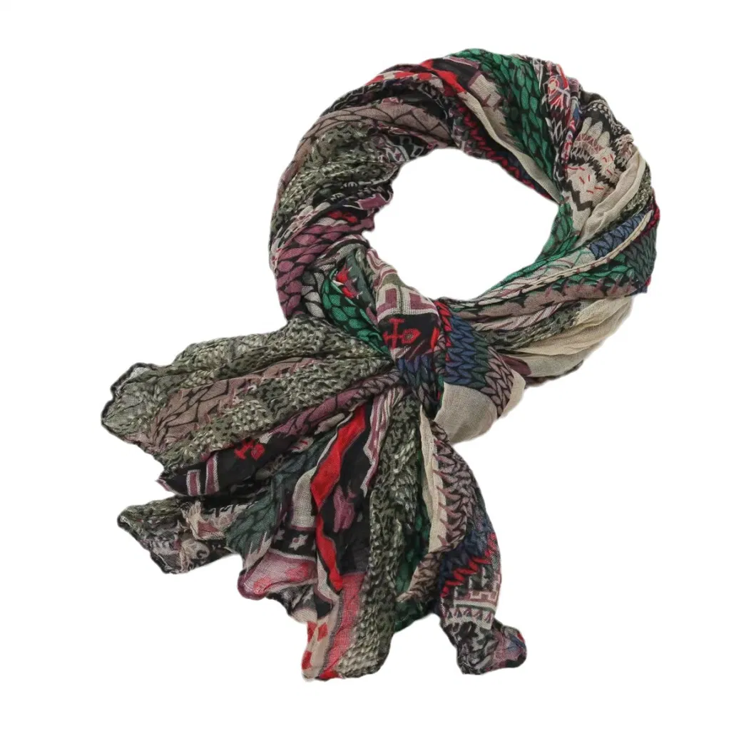 Ladies Crinkle Patchwork Color Floral Cotton Voile Headscarf