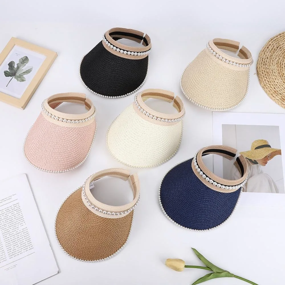 Straw Hat Pearl Empty Top Straw Hats for Women Casual Summer Beach Visor Caps Wide Large Brim Sun Protection Outdoor Wbb20565