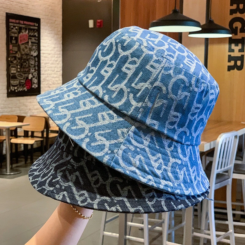Spring Summer Denim Blue Irregular Geometric Pattern Men Women Retro Fashion Neutral Sunshade Outdoor Basin Cap Customize Bucket Hat
