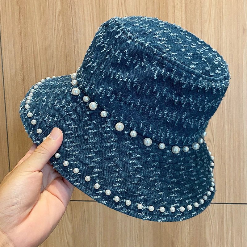 Denim Pearl Crochet Bucket Hat with Unique Design