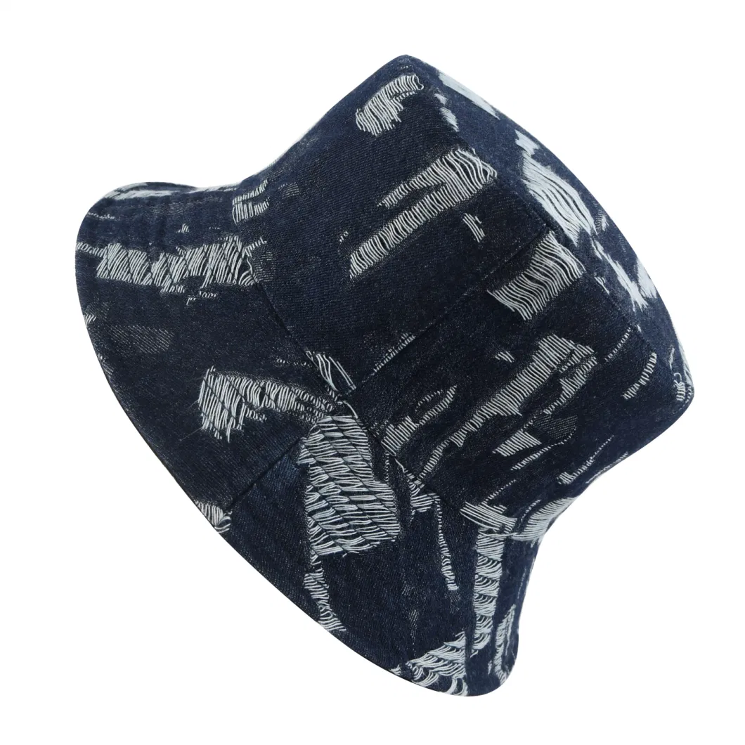 Distressed Fashion Reversible Blue Jean Blank Plain Wholesale Denim Bucket Hat