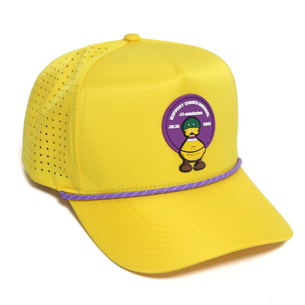 BSCI Custom Patch Logo High Quality 5 Panel Yellow Rope Baseball Hat, Waterproof Sport Baseball Cap, Laser Cut Hole Perforated Hat