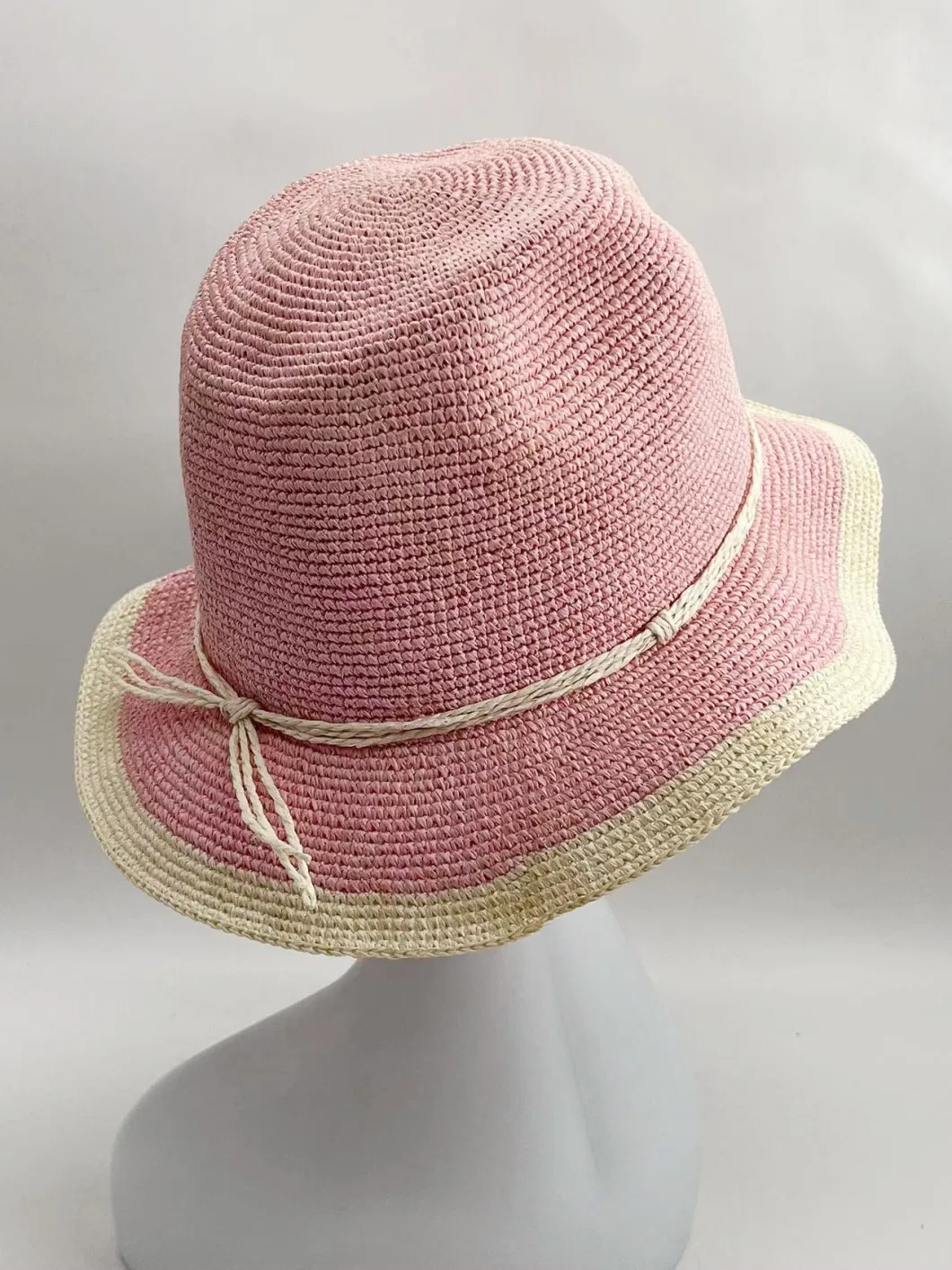 Paper Rope Handmade Fine Crochet Summer Hat Pink White Patchwork Color Women&prime; S Straw Hat Shade Breathable Pink