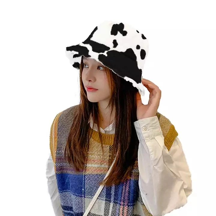 Luxury Designer Cow Pattern Plush Fluffy Polyester Washed Winter High Quality Cross Border Fisherman Hat Fuzzy Bucket Hat