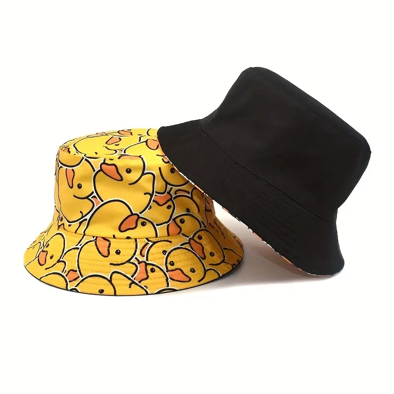 Reversible Cute Cartoon Bucket Hat Yellow Duck Full Print Travel Beach Hats Unisex Lightweight Fisherman Cap for Outdoor