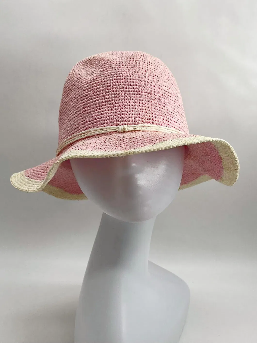 Paper Rope Handmade Fine Crochet Summer Hat Pink White Patchwork Color Women&prime; S Straw Hat Shade Breathable Pink