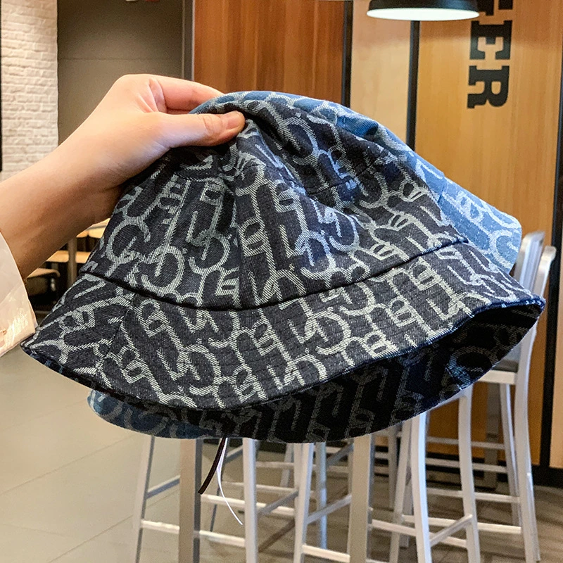 Spring Summer Denim Blue Irregular Geometric Pattern Men Women Retro Fashion Neutral Sunshade Outdoor Basin Cap Customize Bucket Hat