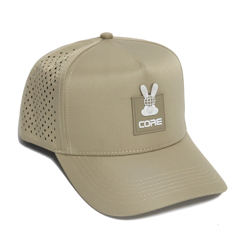 BSCI Custom Patch Logo 5 Panel Khaki Quick Dry Performance Sport Baseball Cap, Laser Cut Hole Golf Gorras, Polyester Rope Hat