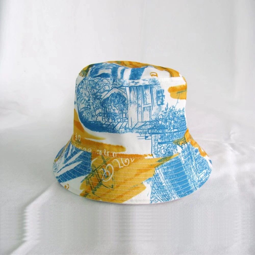 100% Cotton Promotional Flat Crown Sublimation Print Pattern Fashion Bucket Hat