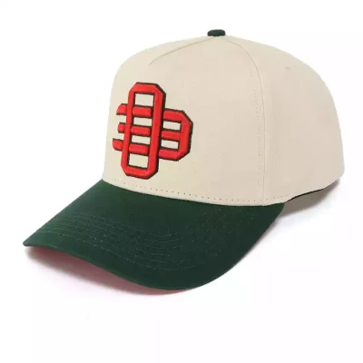 Logotipo personalizado 5 de alta calidad 3D del panel de parche bordado de gorras de béisbol Deportes Hat dos tonos de color crema y verde bosque sombreros