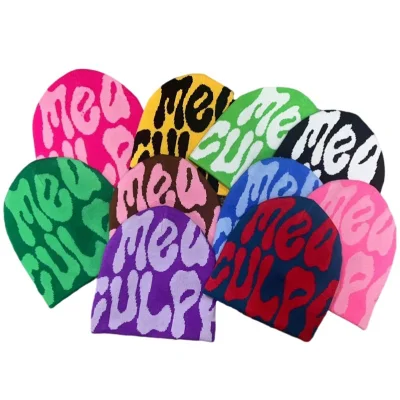  Fabricación personalizada con logotipo Diseño de impresión en toda la página Unisex acrílico Sombreros de estilo gráfico de jacquard de mea Culpa Beanie