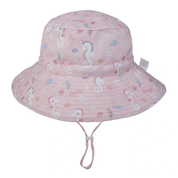 Custom New Design Kid Reversible Seersucker Bucket Baby Sun Hat with Chin Strap UV Protection