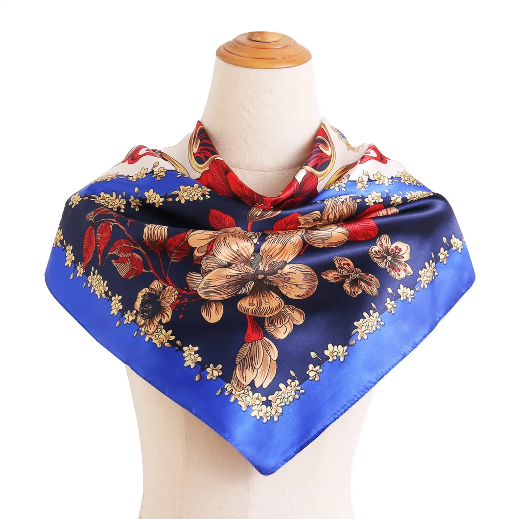 Chic Satin Lightweight Blue Floral Printed Square Silk Neck Scarves