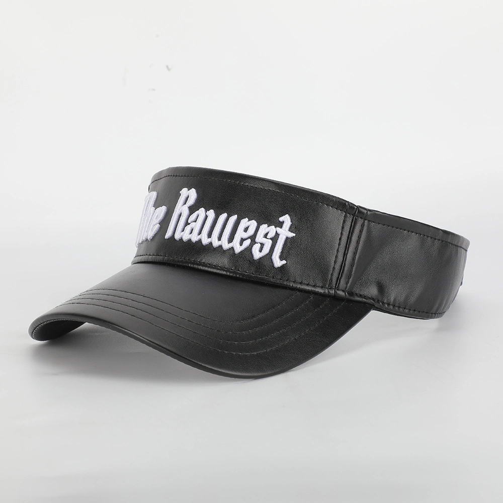 Wholesale Custom Designer High Quality 3D Embroidery Logo Black PU Fur Leather Sun Visor Cap Hat