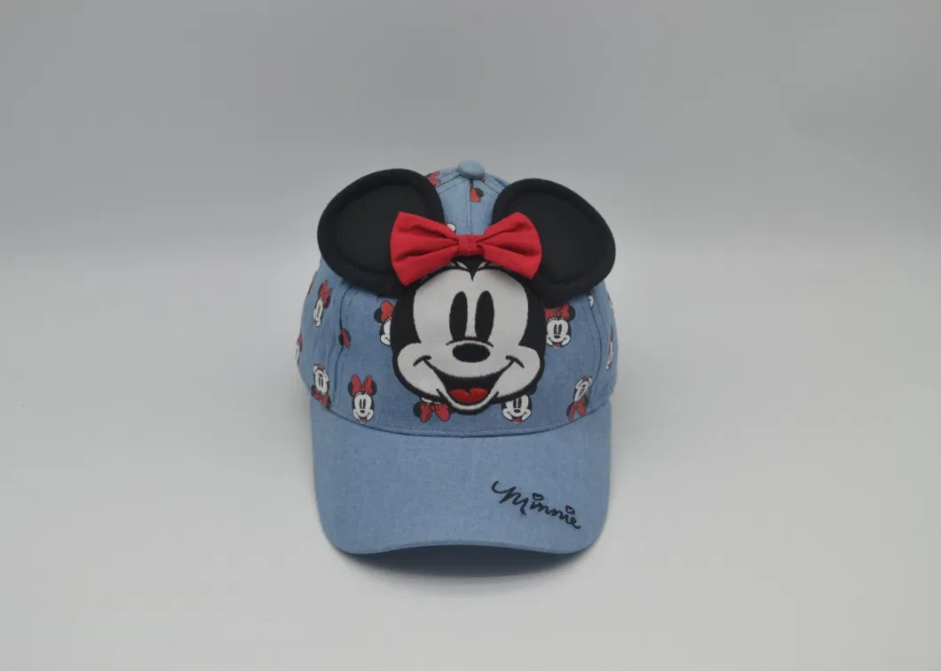100% Cotton Lovely Mouse Pretty Girls Children Cap Blue Embroidery Boys Kids Baseball Cap with Cute Ear
