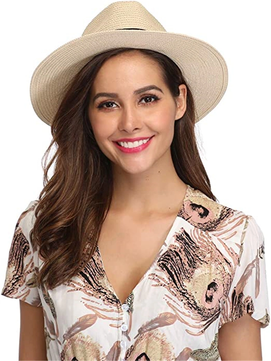 Women Wide Brim Straw Panama Roll up Hat Fedora Beach Sun Hat Upf50+