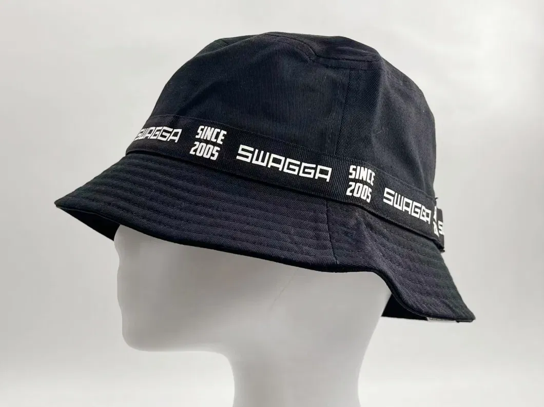 Simple Black Child Bucket Hat with Print Ribbon and Decoration Button