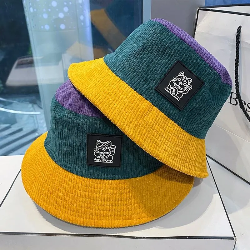 Wholesale Custom Private Label Colorful Two Tone Designer Big Oversize Unisex Patchwork Warm Thin Corduroy Bucket Hat