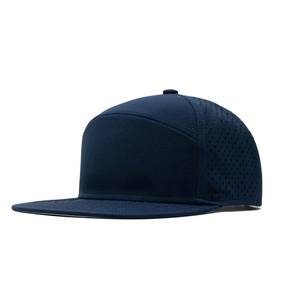 Wholesale Low MOQ Flat Bill Fitted Custom Snapback Sports Waterproof Laser Cut 7 Panel Baseball Cap Hat