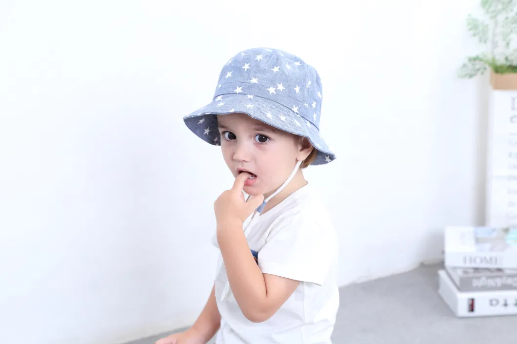 Children&prime;s Fisherman Visor Boy&prime;s Spring Summer Fall Denim Star Printed Sun Protect Large Brim Basin Cowboy Bucket Hat