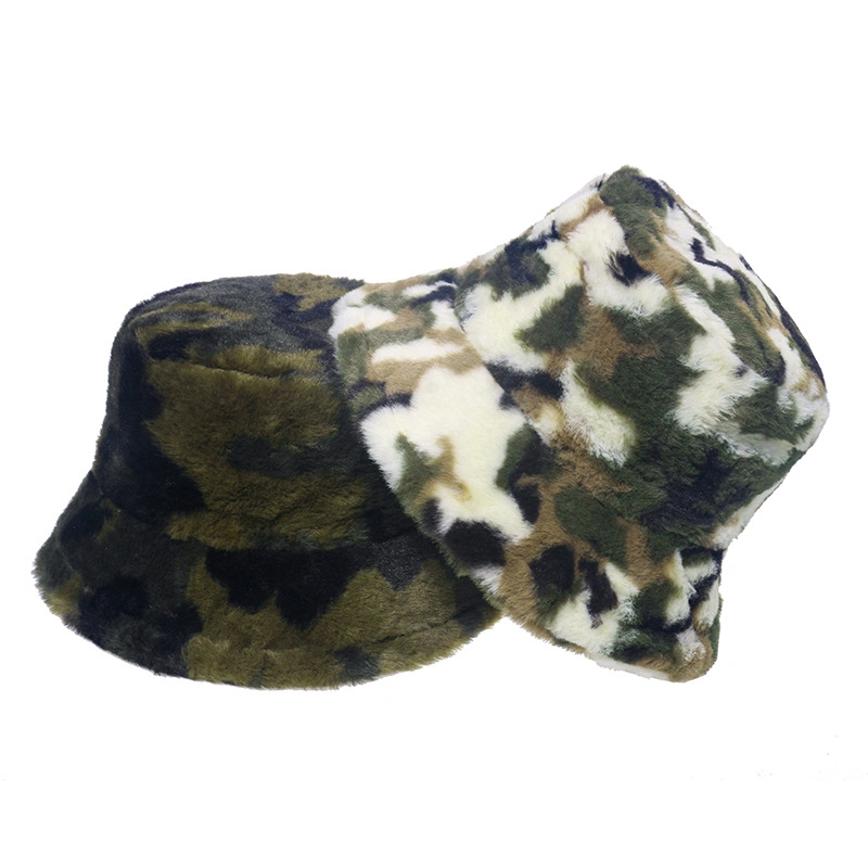 Faux Rabbit Fur Basin Cap Printed Camouflage Fisherman&prime;s Hat Warm Cap Men and Women Warm Fuzzy Custom Bucket Hats