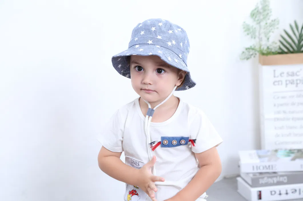 Children&prime;s Fisherman Visor Boy&prime;s Spring Summer Fall Denim Star Printed Sun Protect Large Brim Basin Cowboy Bucket Hat