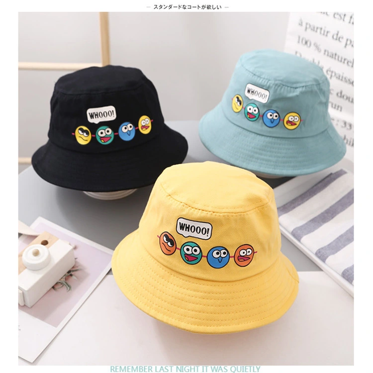 New Style Cute Kids Design Your Own Logo Fisherman Cotton Baby Bucket Hat Smile Face Printed
