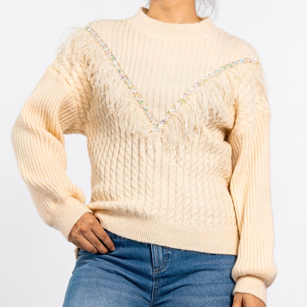 Winter Knitted Round Neck Feather Tassel Woven with Beads Long Sleeve Pullover Womens Sweaters