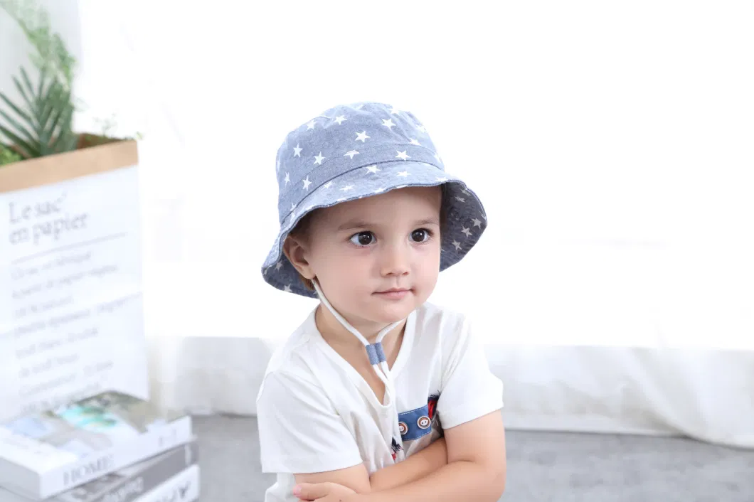 Children&prime;s Fisherman Visor Boy&prime;s Spring Summer Fall Denim Star Printed Sun Protect Large Brim Basin Cowboy Bucket Hat