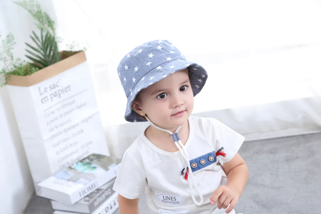 Children&prime;s Fisherman Visor Boy&prime;s Spring Summer Fall Denim Star Printed Sun Protect Large Brim Basin Cowboy Bucket Hat