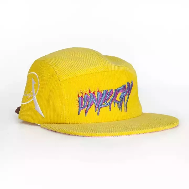 High Quality Flat Bill Low Profile Unstructured Gold Yellow 5 Panel Snapback Hat Corduroy Hat Custom Embroidered Logo Camp Hat Cap