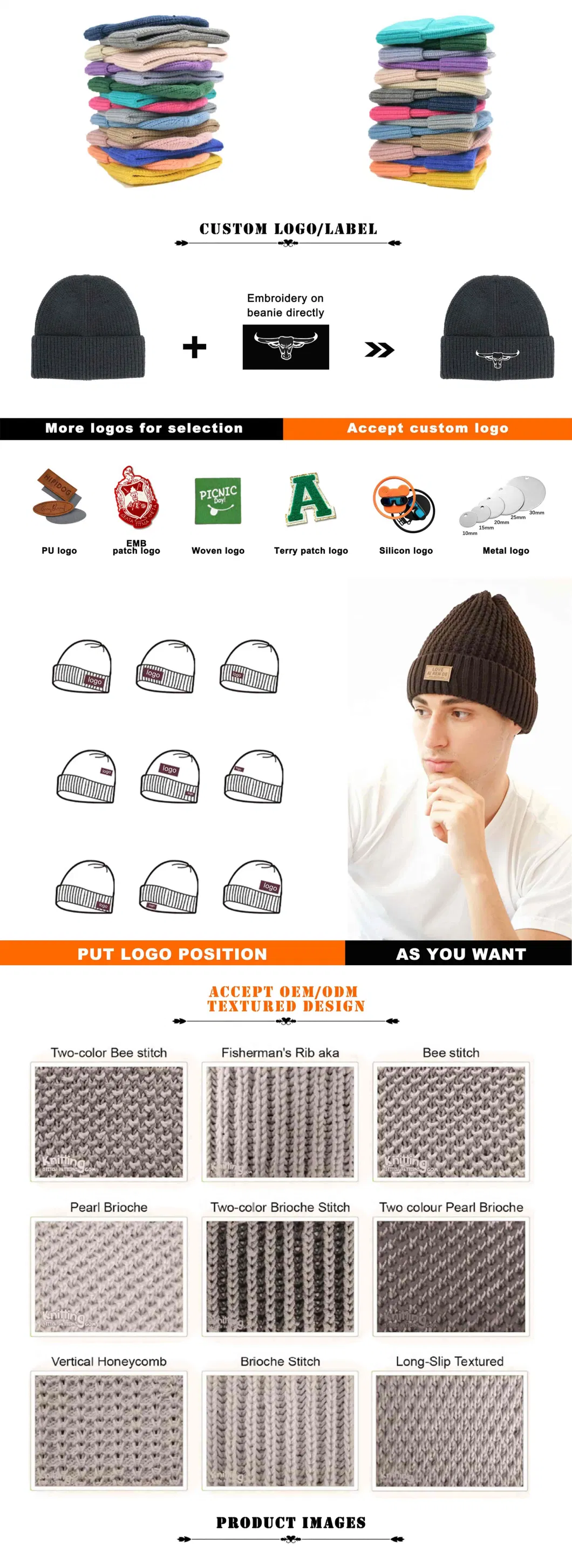 Designer Leather Acrylic Spandex Knit Fisherman Skully Manufacturer Custom Embroidered Logo Beanie Hats