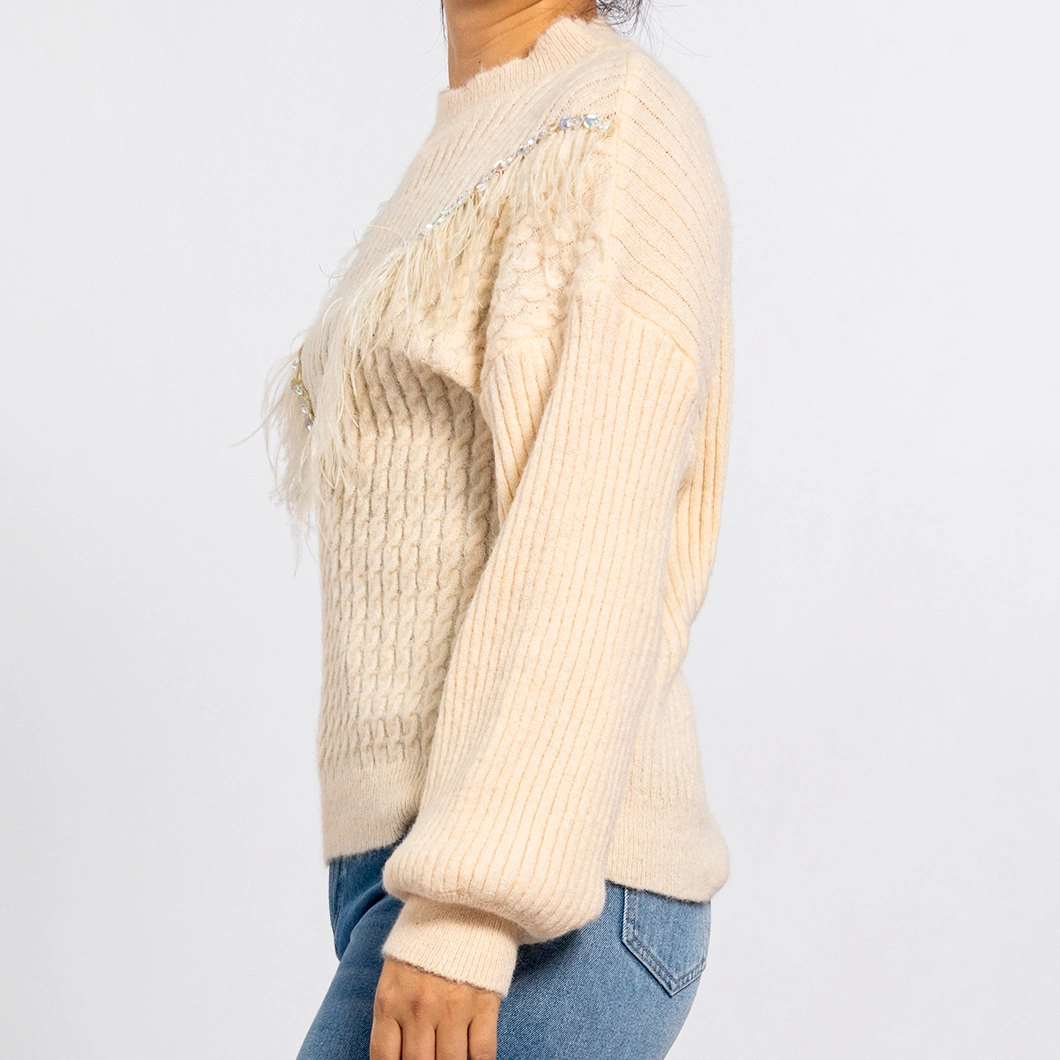 Winter Knitted Round Neck Feather Tassel Woven with Beads Long Sleeve Pullover Womens Sweaters