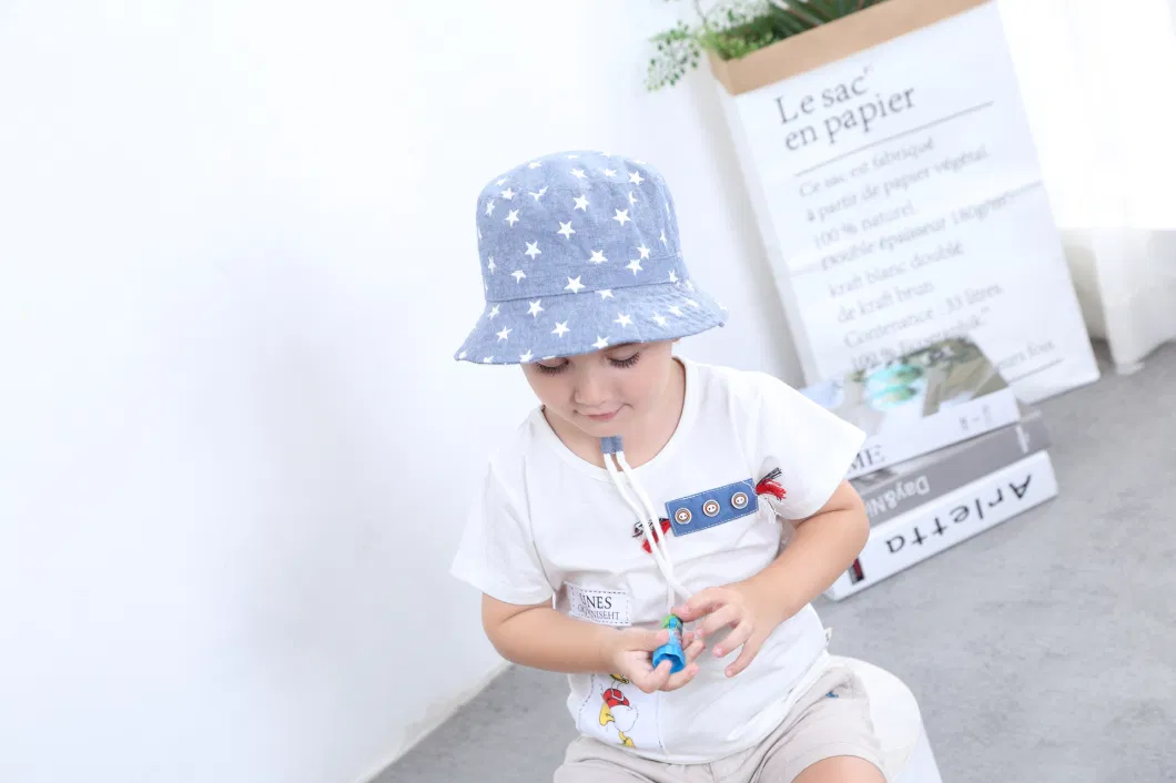 Children&prime;s Fisherman Visor Boy&prime;s Spring Summer Fall Denim Star Printed Sun Protect Large Brim Basin Cowboy Bucket Hat