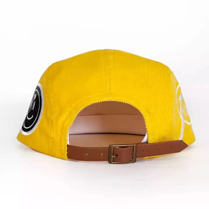 High Quality Flat Bill Low Profile Unstructured Gold Yellow 5 Panel Snapback Hat Corduroy Hat Custom Embroidered Logo Camp Hat Cap