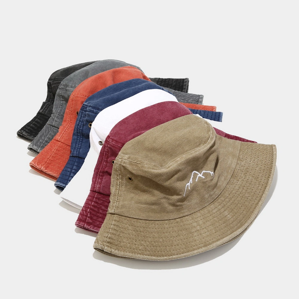 OEM Custom Women Outdoor Wide Brim Beach Washed Cotton All Over Printing String Distressed Bucket Cap Hat