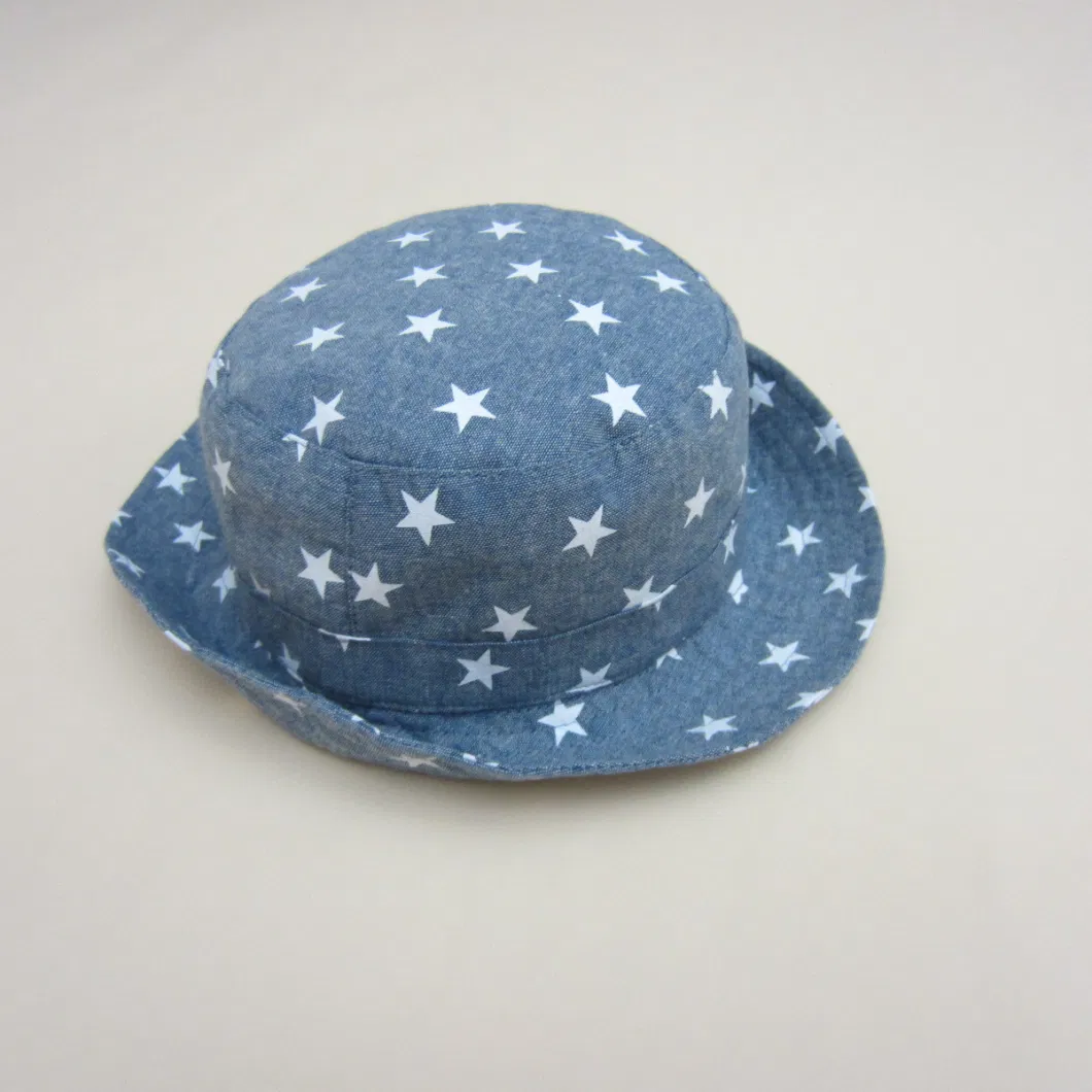 Children&prime;s Fisherman Visor Boy&prime;s Spring Summer Fall Denim Star Printed Sun Protect Large Brim Basin Cowboy Bucket Hat