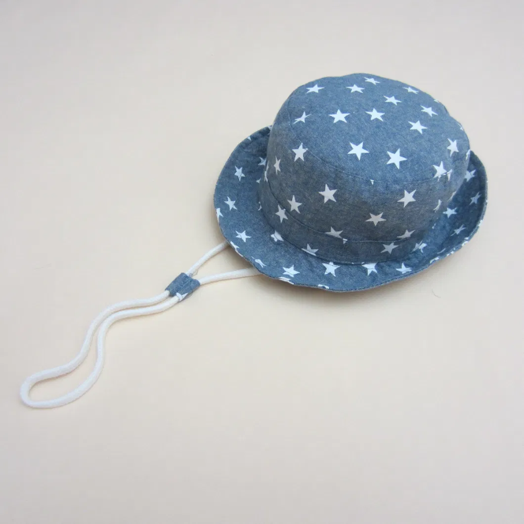 Children&prime;s Fisherman Visor Boy&prime;s Spring Summer Fall Denim Star Printed Sun Protect Large Brim Basin Cowboy Bucket Hat