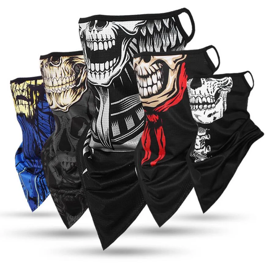 Popular Mens Skull Print Face Scarf with Ear Hook CS Breathable Tube Bandana with Mesh Ice Silk Fabric