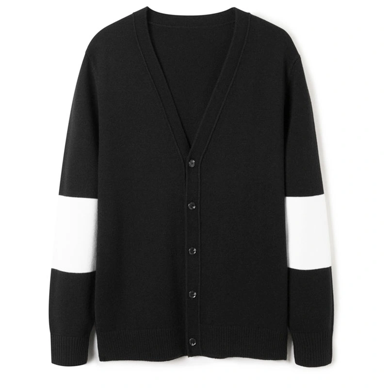 Black &amp; White Contrast Casual Knitted Cardigan V-Neck with Long Sleeve