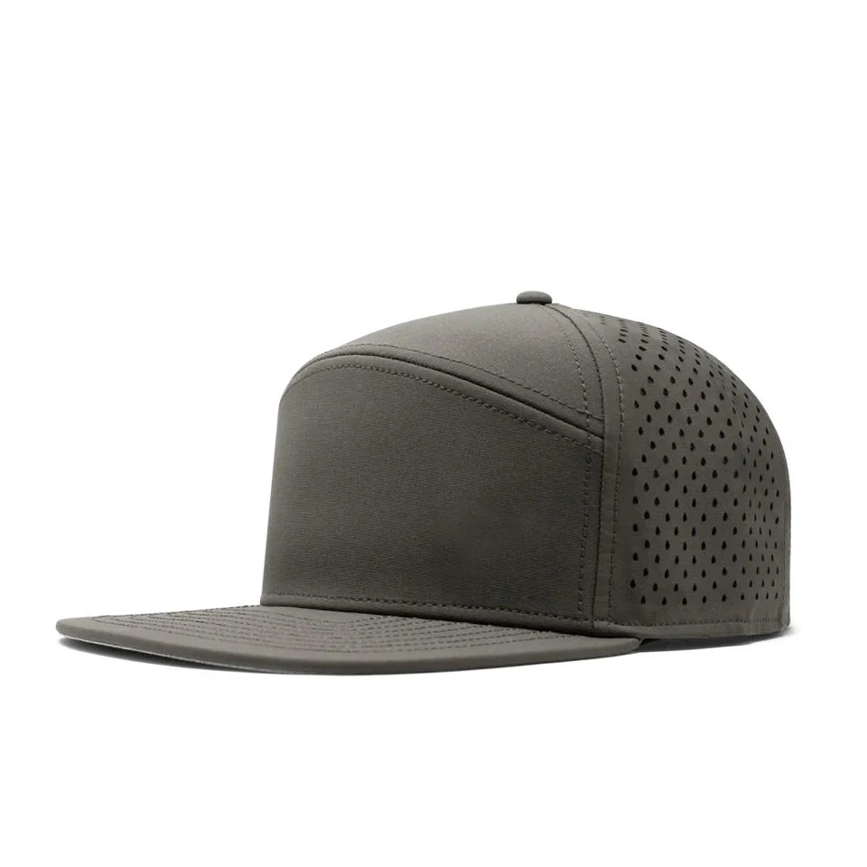 Wholesale Low MOQ Flat Bill Fitted Custom Snapback Sports Waterproof Laser Cut 7 Panel Baseball Cap Hat