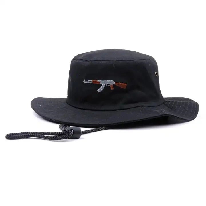 Summer Wholesale Custom Fisherman Hats Low MOQ Plain Black embroidery Wide Brim Designer Bucket Hats for Men with Adjustable String